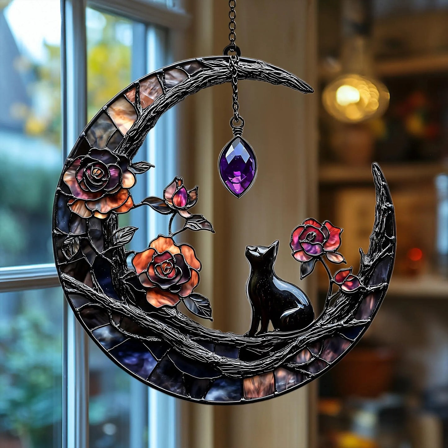 Mystical Moon Black Cat Acrylic Window, Acrylic Window Hanging