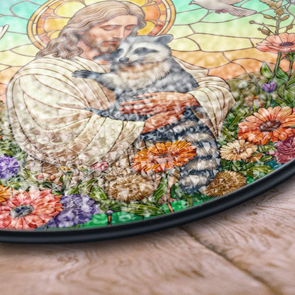 Jesus Hugging Raccoon Stained Glass Suncatcher