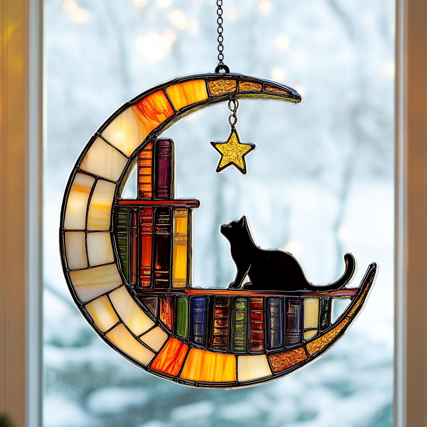Cat Reading on the Moon Faux Acrylic Window, Acrylic Window Hanging