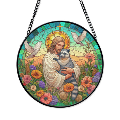Jesus Hugging Raccoon Stained Glass Suncatcher