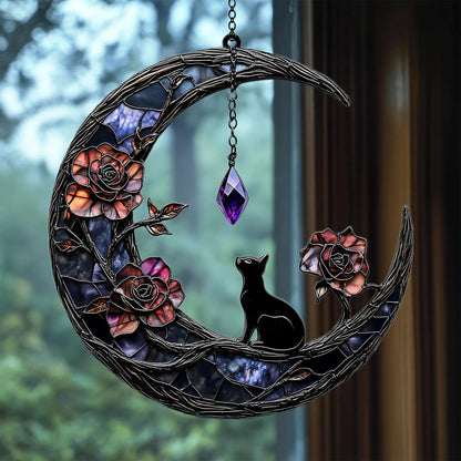 Mystical Moon Black Cat Acrylic Window, Acrylic Window Hanging