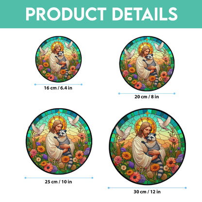 Jesus Hugging Raccoon Stained Glass Suncatcher