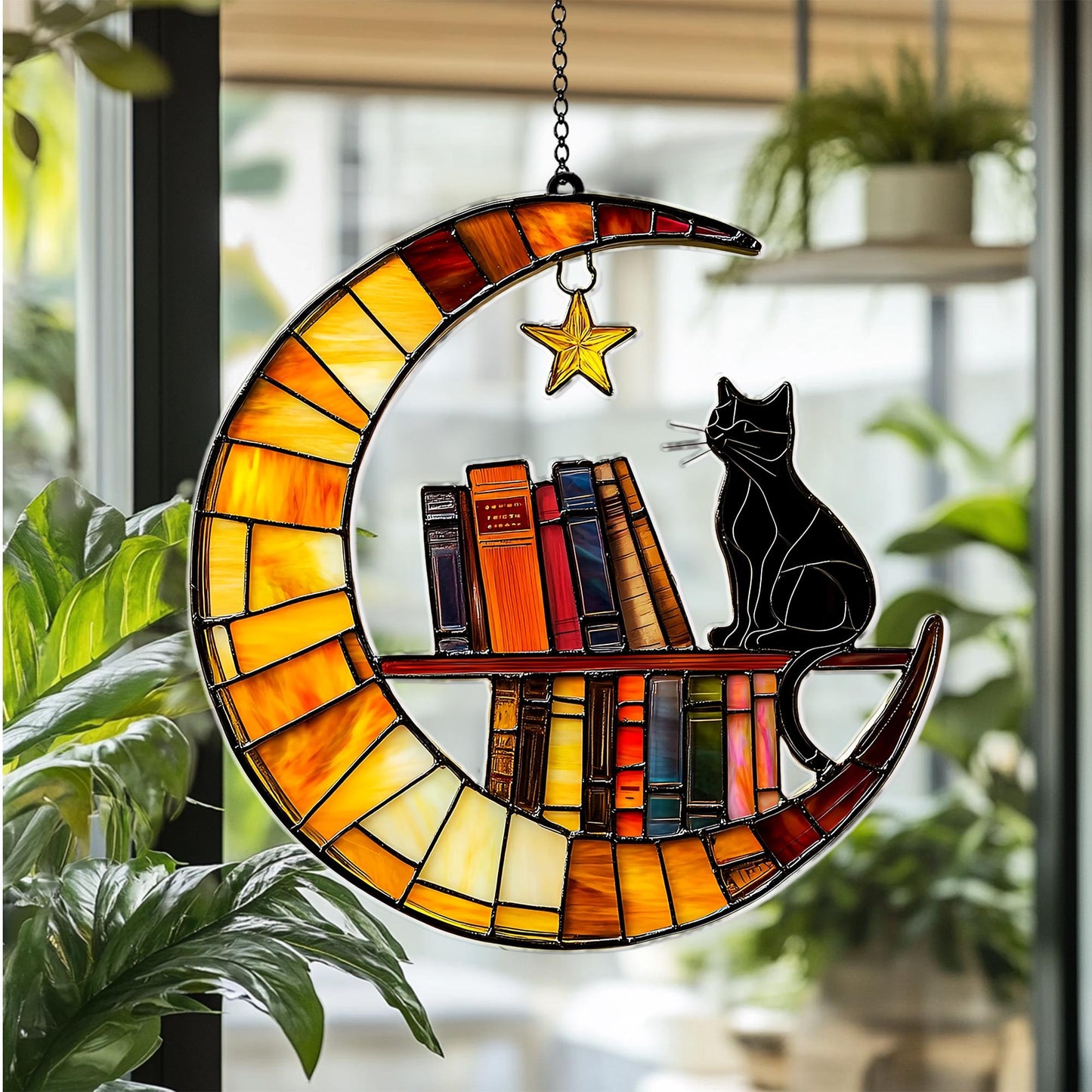 Cat Reading on the Moon Faux Acrylic Window, Acrylic Window Hanging