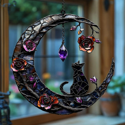 Mystical Moon Black Cat Acrylic Window, Acrylic Window Hanging