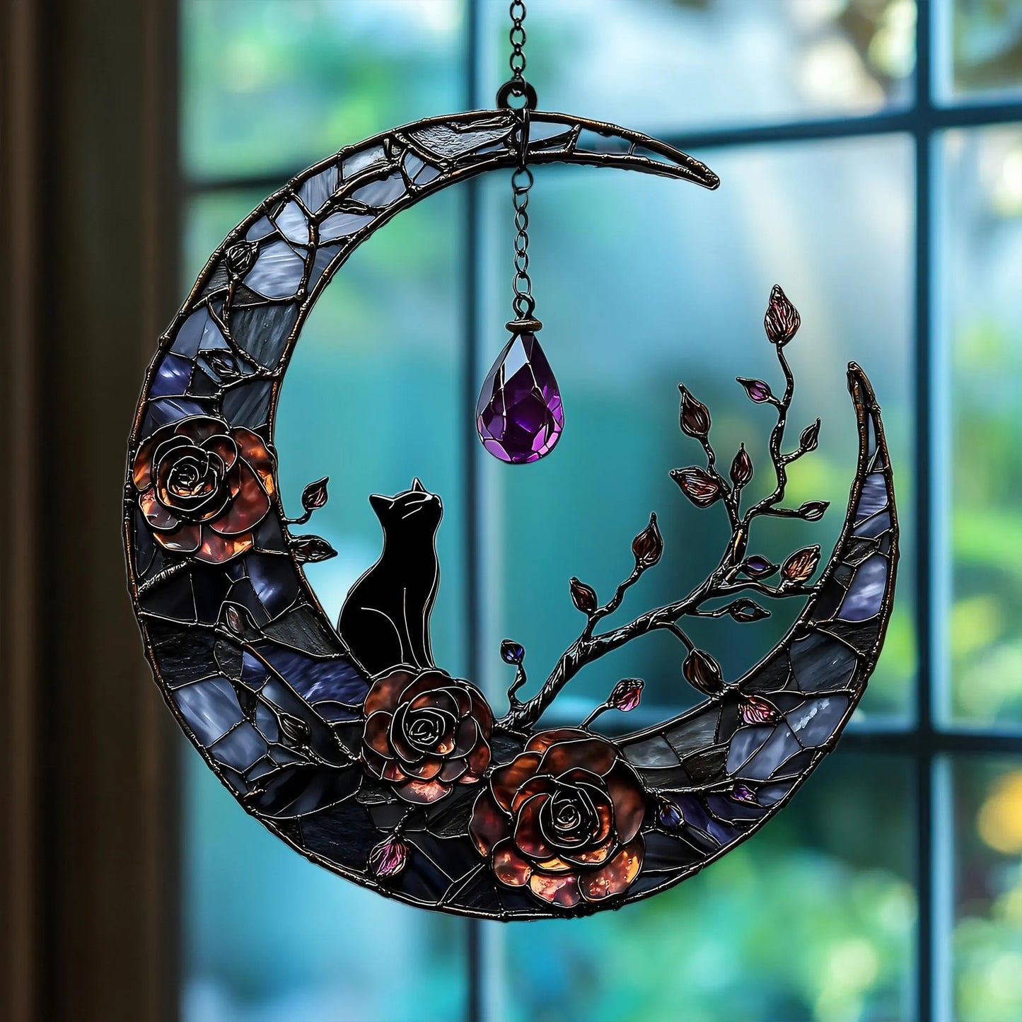 Mystical Moon Black Cat Acrylic Window, Acrylic Window Hanging