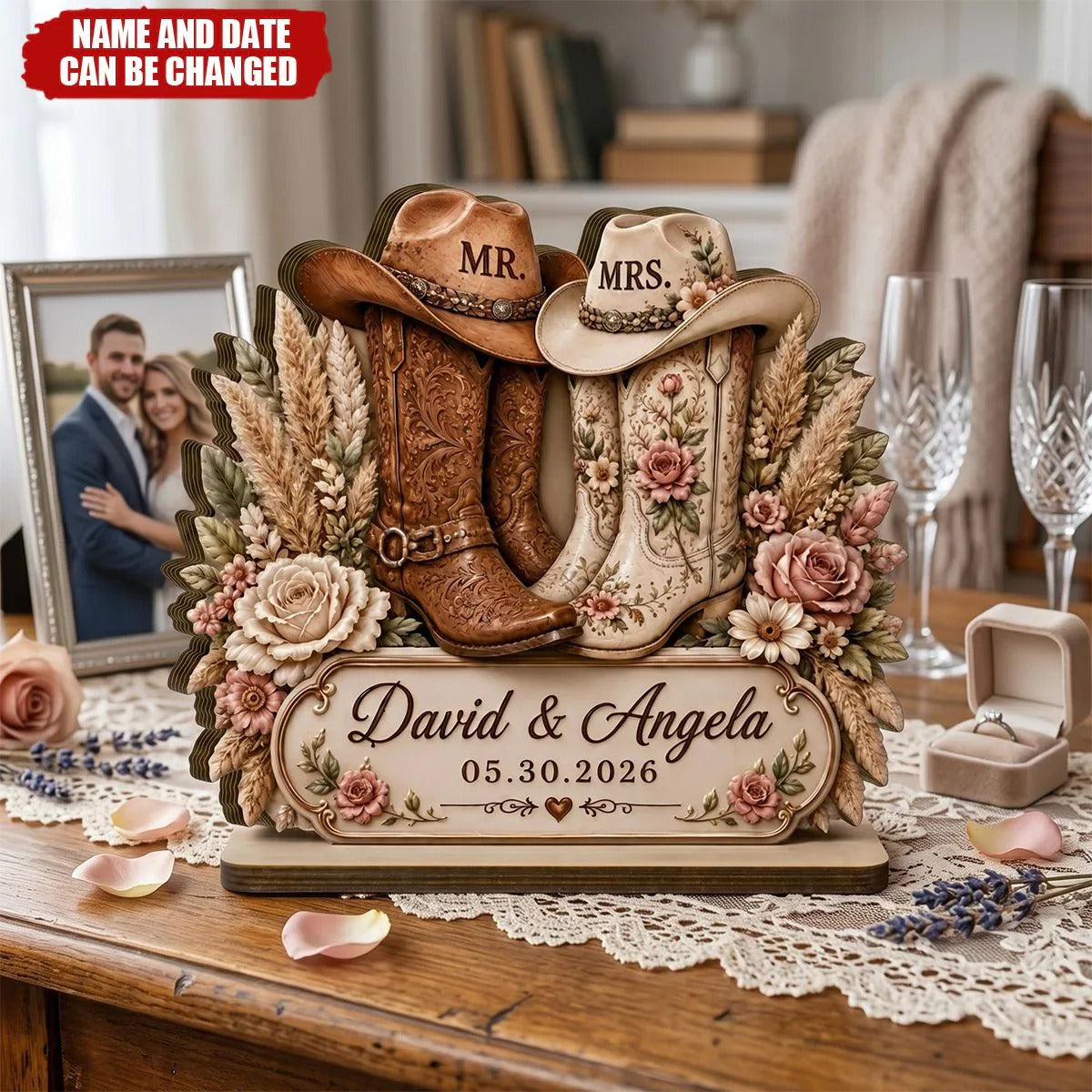 Rustic Cowboy Boots Personalized Wedding Wooden Plaque - Custom Anniversary Gift for Couples