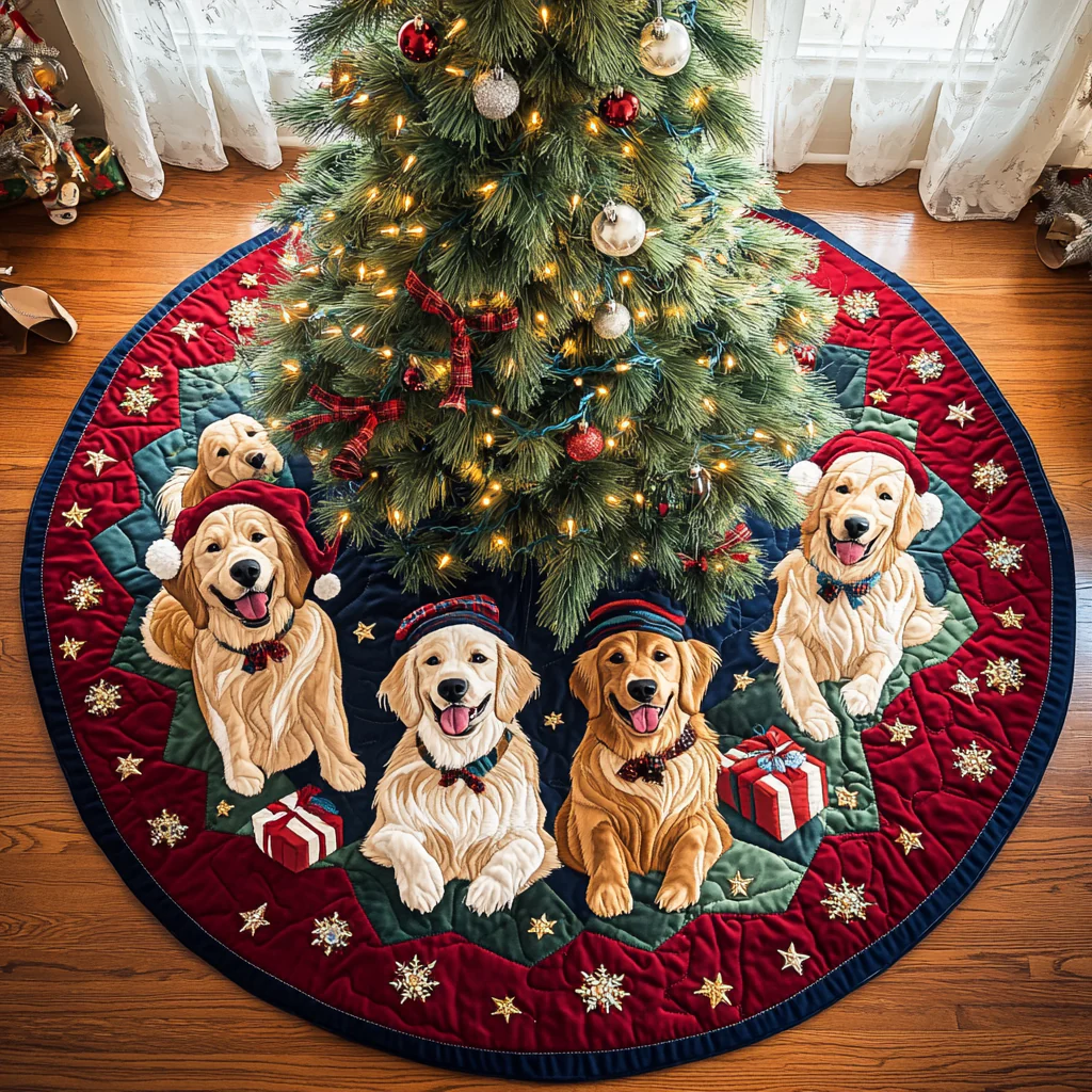 Golden Retrievers Glow Christmas Quilted Tree Skirt