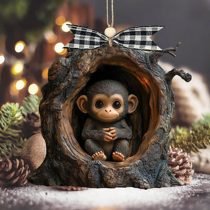 Cute Monkey Wooden Ornament, Christmas Gift for Monkey Lover