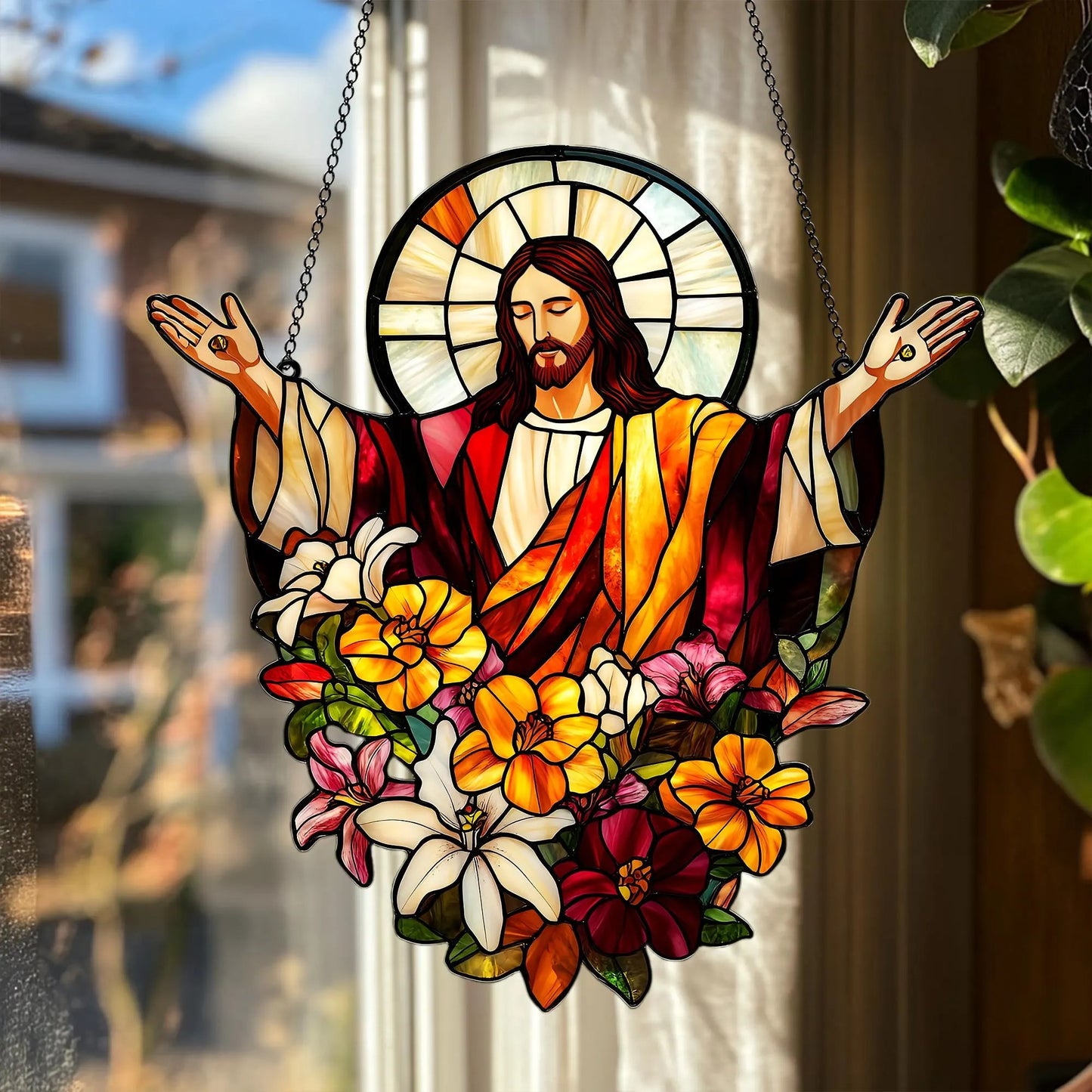 Jesus With Flowers Acrylic Window, Christian Acrylic Window Hanging