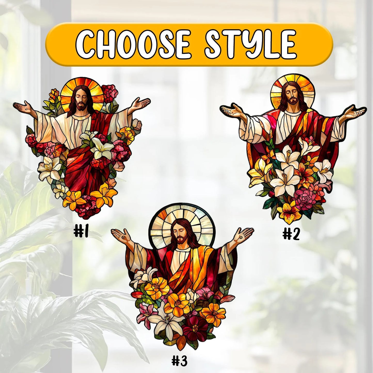 Jesus With Flowers Acrylic Window, Christian Acrylic Window Hanging