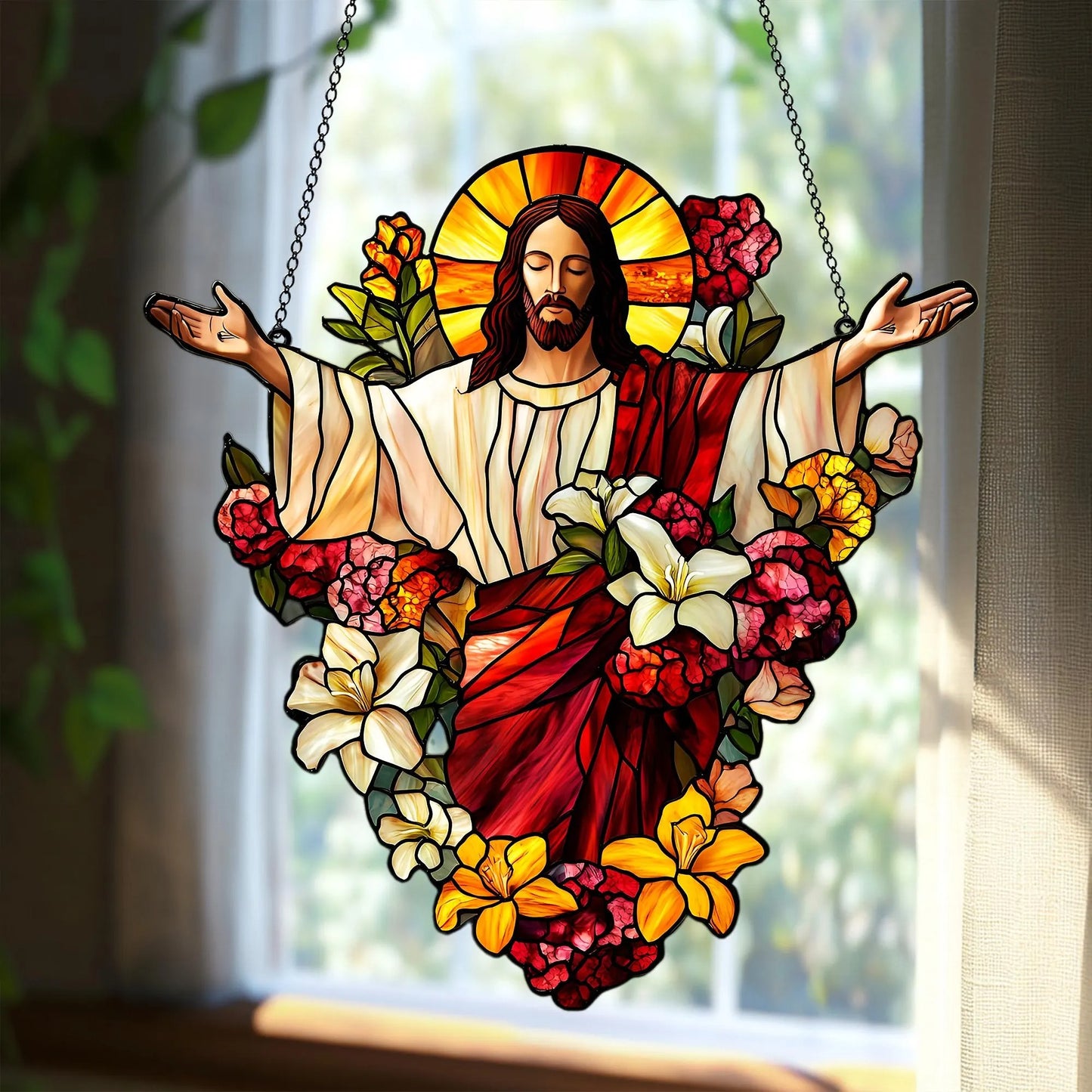 Jesus With Flowers Acrylic Window, Christian Acrylic Window Hanging