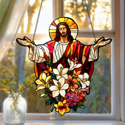 Jesus With Flowers Acrylic Window, Christian Acrylic Window Hanging