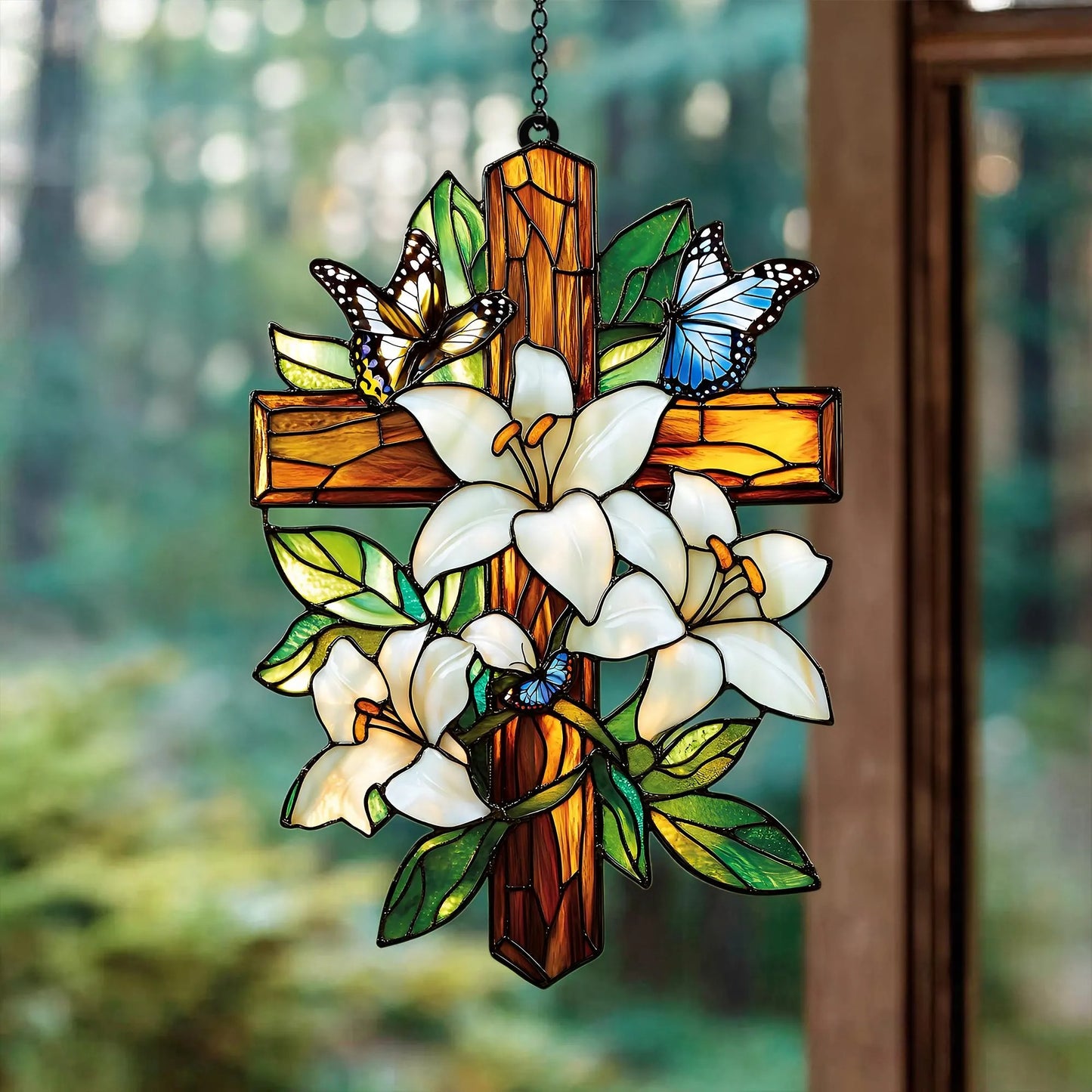 Lily & Butterfly Cross Acrylic Window, Christian Acrylic Window Hanging