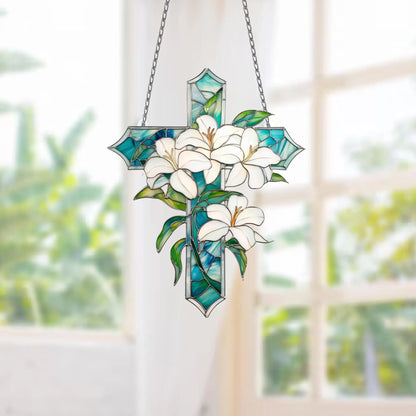 Floral Cross , Christian Acrylic Window