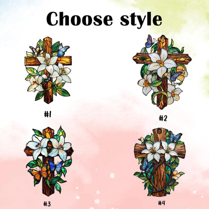 Lily & Butterfly Cross Acrylic Window, Christian Acrylic Window Hanging