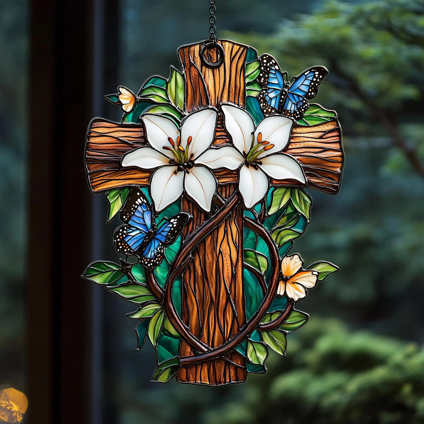 Lily & Butterfly Cross Acrylic Window, Christian Acrylic Window Hanging