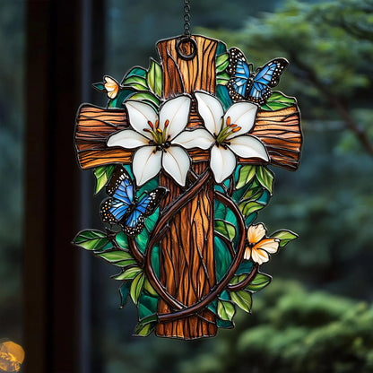 Lily & Butterfly Cross Acrylic Window, Christian Acrylic Window Hanging