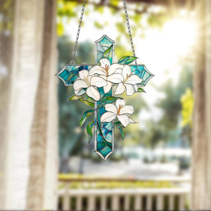 Floral Cross , Christian Acrylic Window
