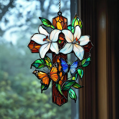 Lily & Butterfly Cross Acrylic Window, Christian Acrylic Window Hanging