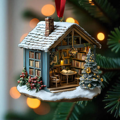 Snowy Book Cottage Christmas Wood Ornament