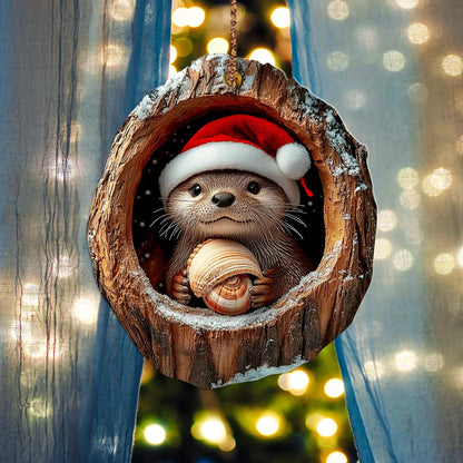 Cute Otter Christmas Wood Ornament