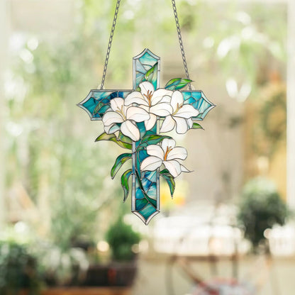 Floral Cross , Christian Acrylic Window