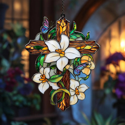 Lily & Butterfly Cross Acrylic Window, Christian Acrylic Window Hanging