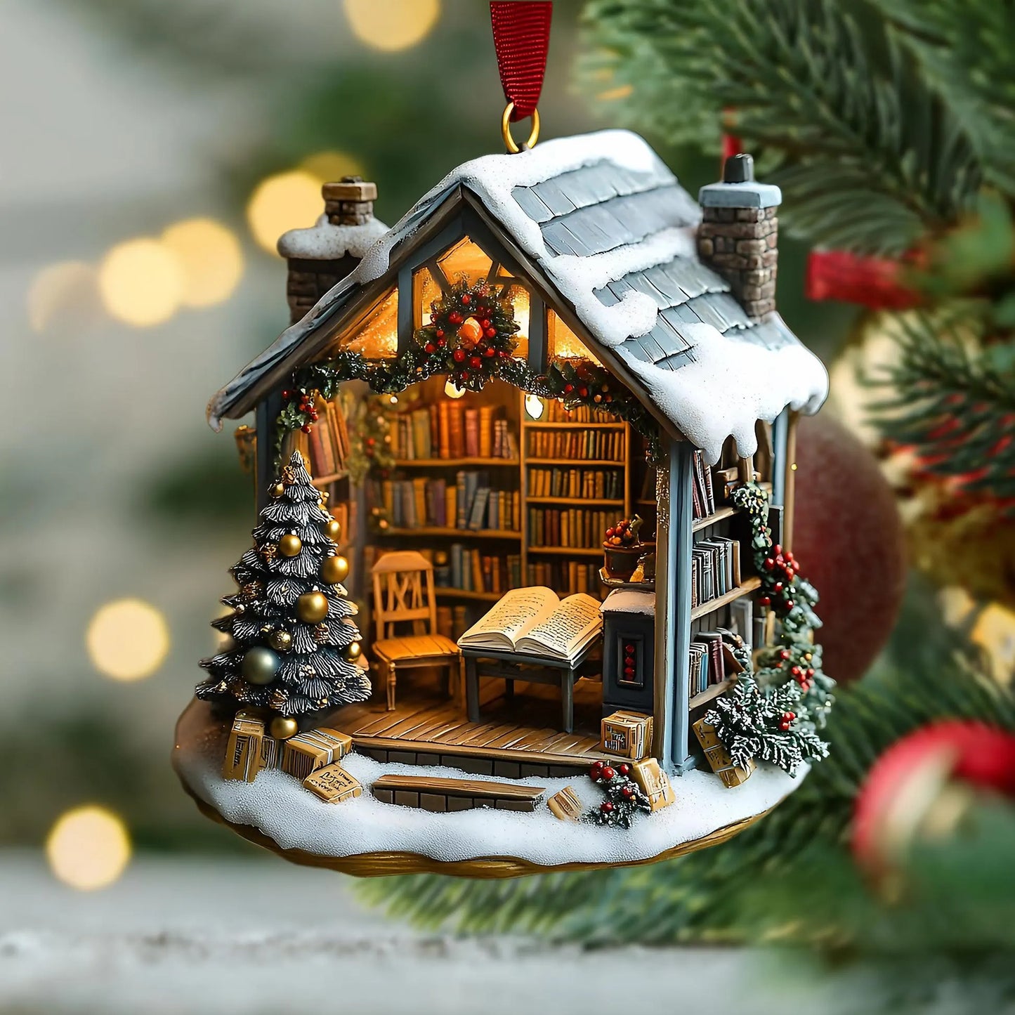 Snowy Book Cottage Christmas Wood Ornament