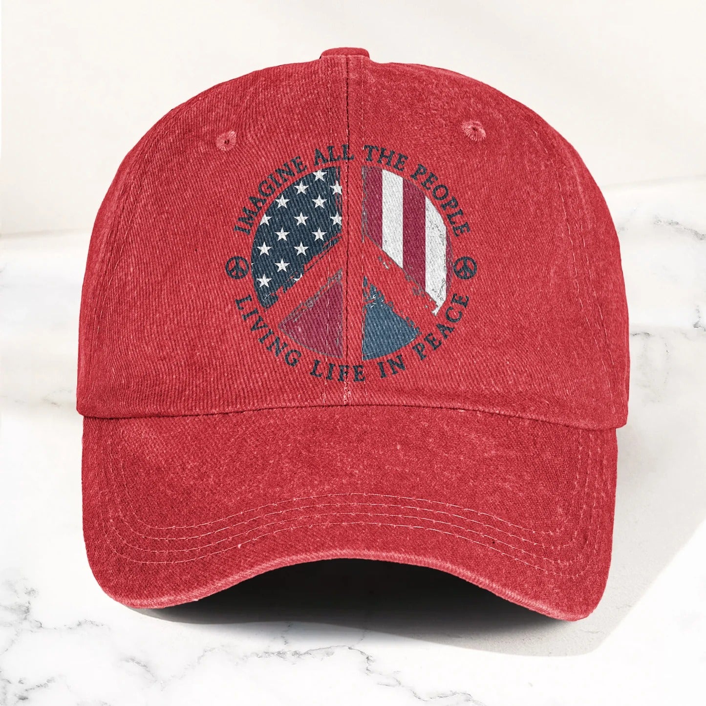 Imagine All The People Living Life In Peace Sign American Flag Denim Cap - Retro Vintage Dad Cap Gift For Dad