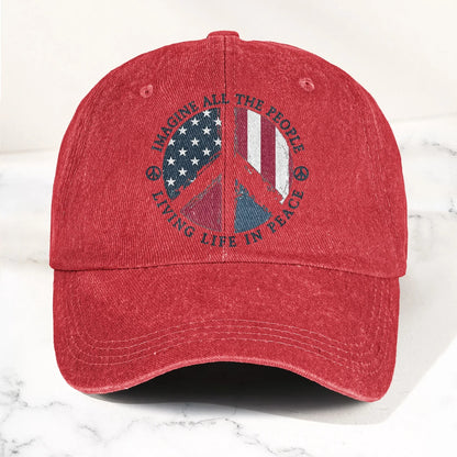Imagine All The People Living Life In Peace Sign American Flag Denim Cap - Retro Vintage Dad Cap Gift For Dad