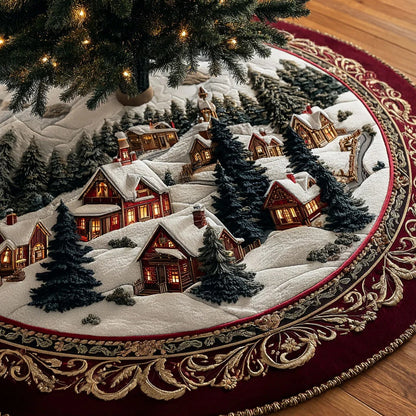 Christmas Village Red Tapestry Quilted Christmas Tree Skirt