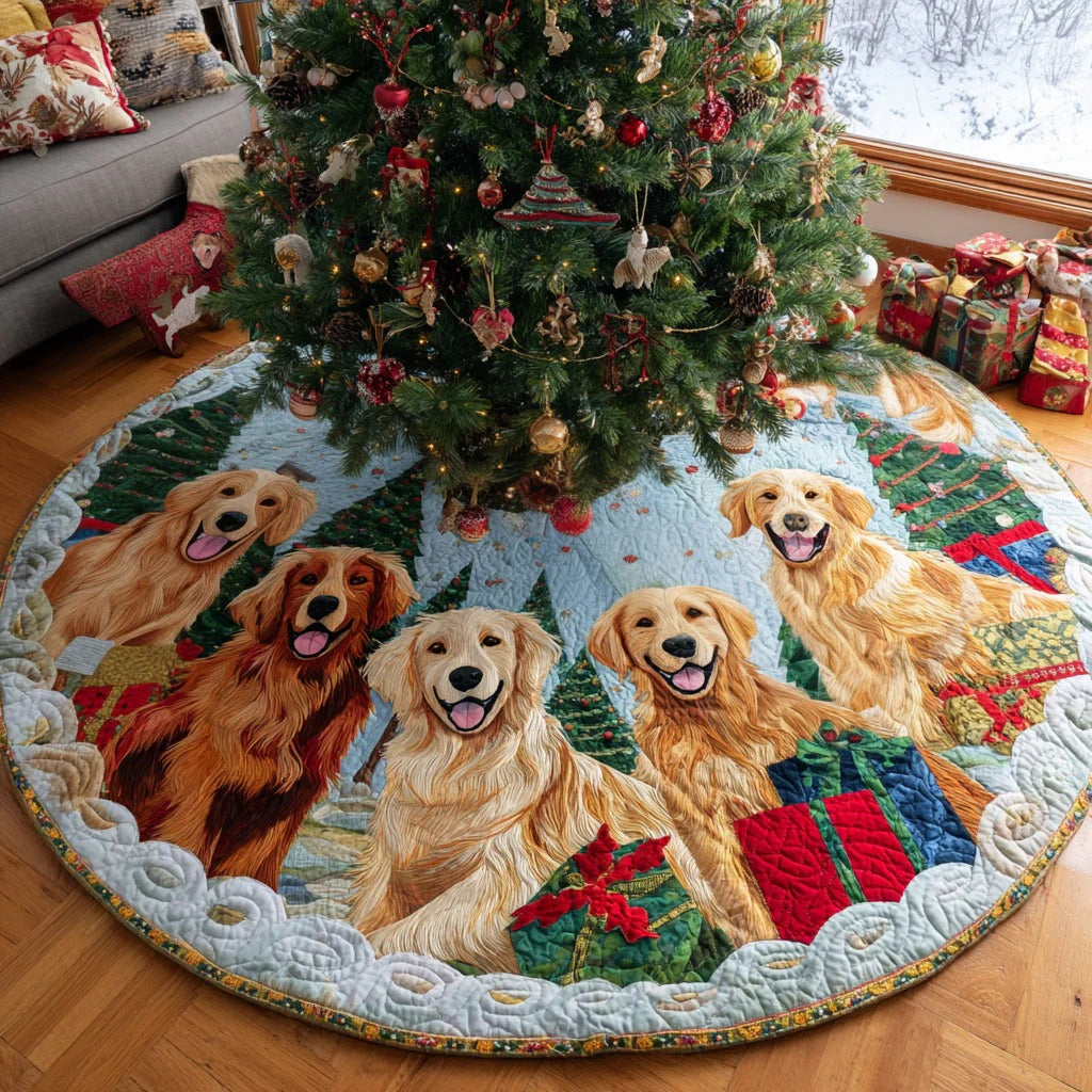 Jolly Golden Retriever Quilted Christmas Tree Skirt