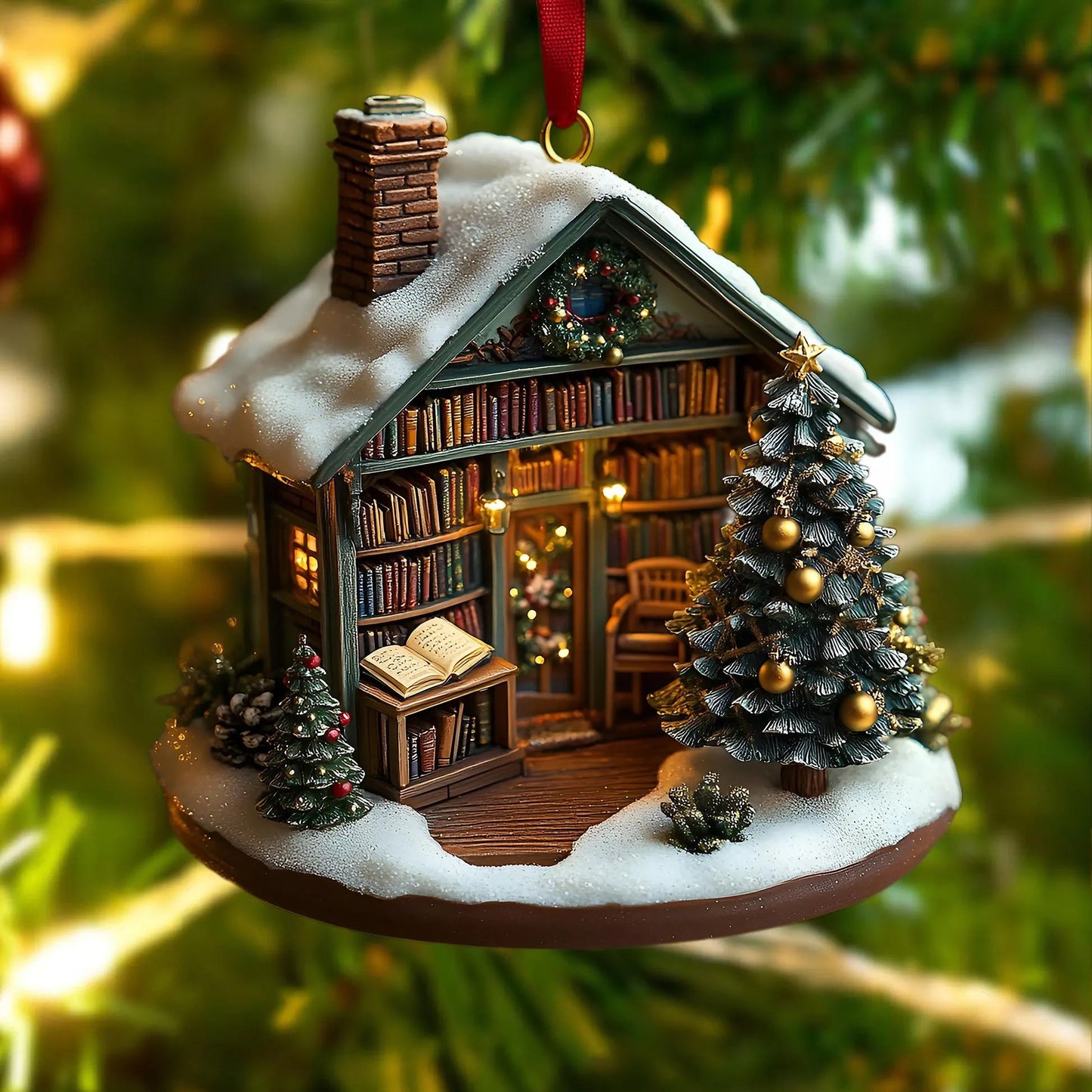 Snowy Book Cottage Christmas Wood Ornament