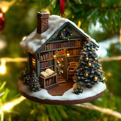 Snowy Book Cottage Christmas Wood Ornament
