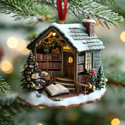 Snowy Book Cottage Christmas Wood Ornament