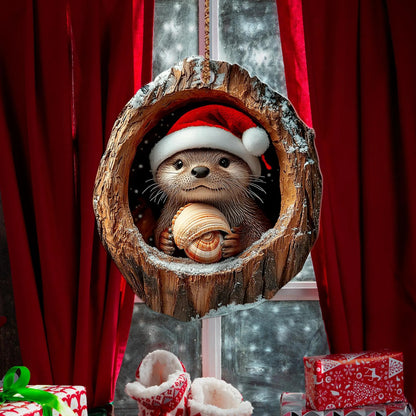 Cute Otter Christmas Wood Ornament