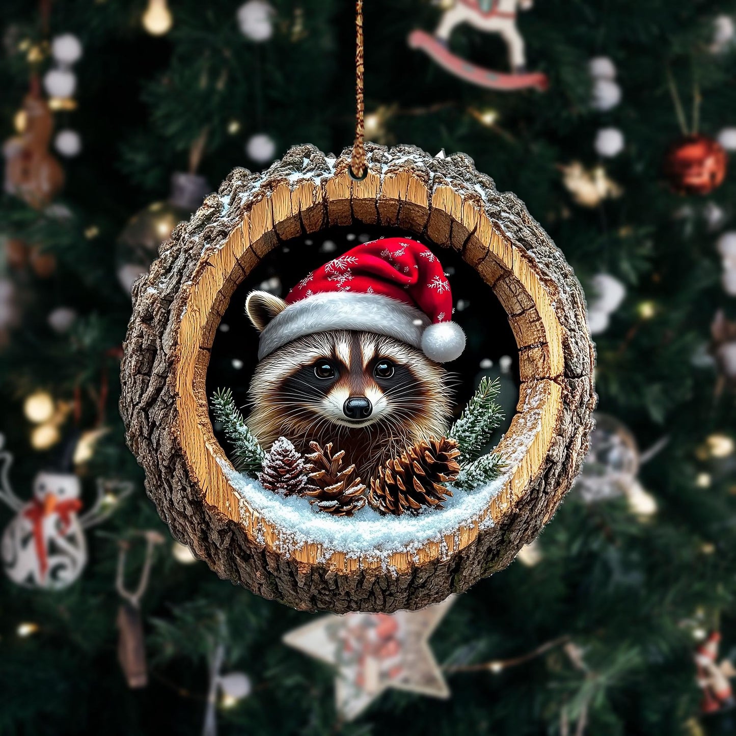 Raccoon Christmas Wood Ornament
