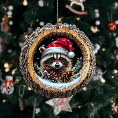 Raccoon Christmas Wood Ornament