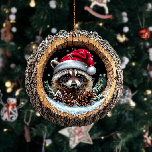 Raccoon Christmas Wood Ornament