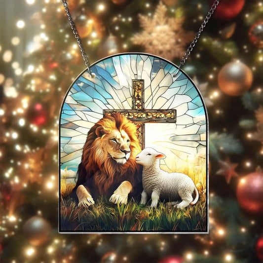 Lion and Lamp Jesus Acrylic Window Hanging, Christian Acrylic Window