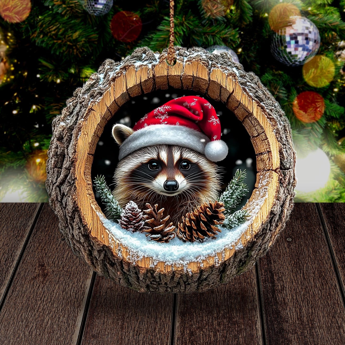 Raccoon Christmas Wood Ornament