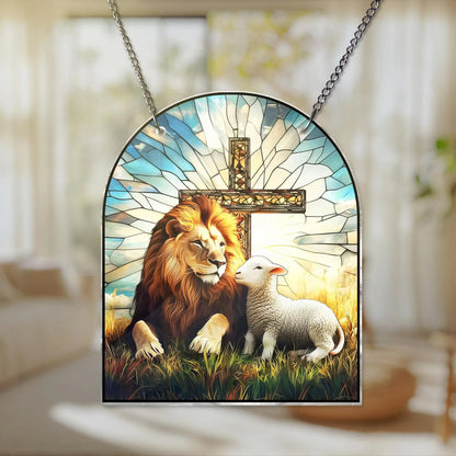 Lion and Lamp Jesus Acrylic Window Hanging, Christian Acrylic Window