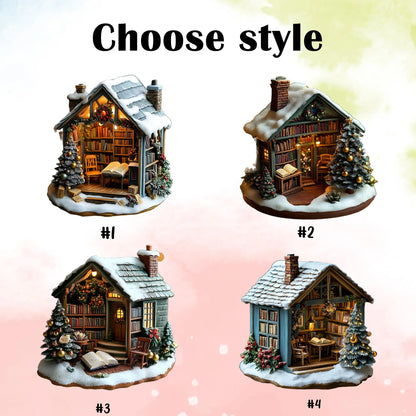 Snowy Book Cottage Christmas Wood Ornament
