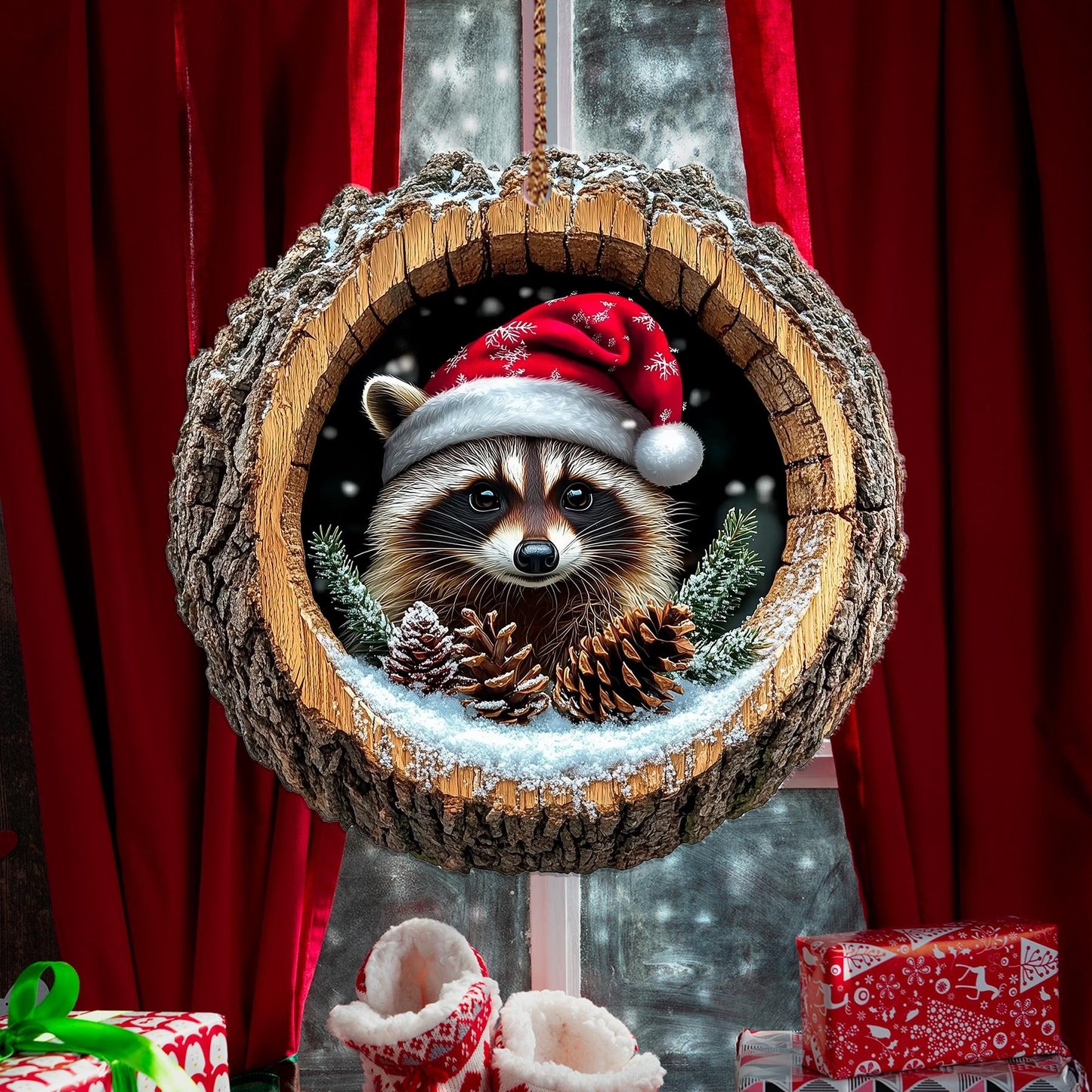 Raccoon Christmas Wood Ornament