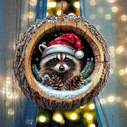 Raccoon Christmas Wood Ornament