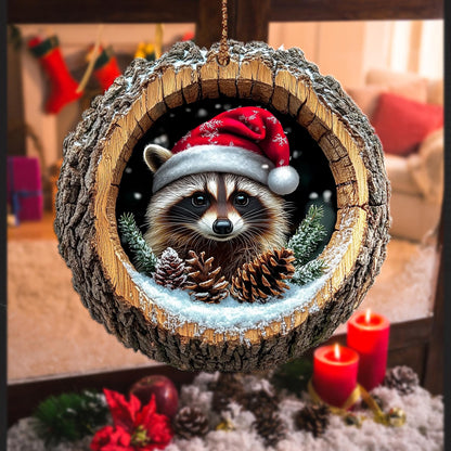 Raccoon Christmas Wood Ornament