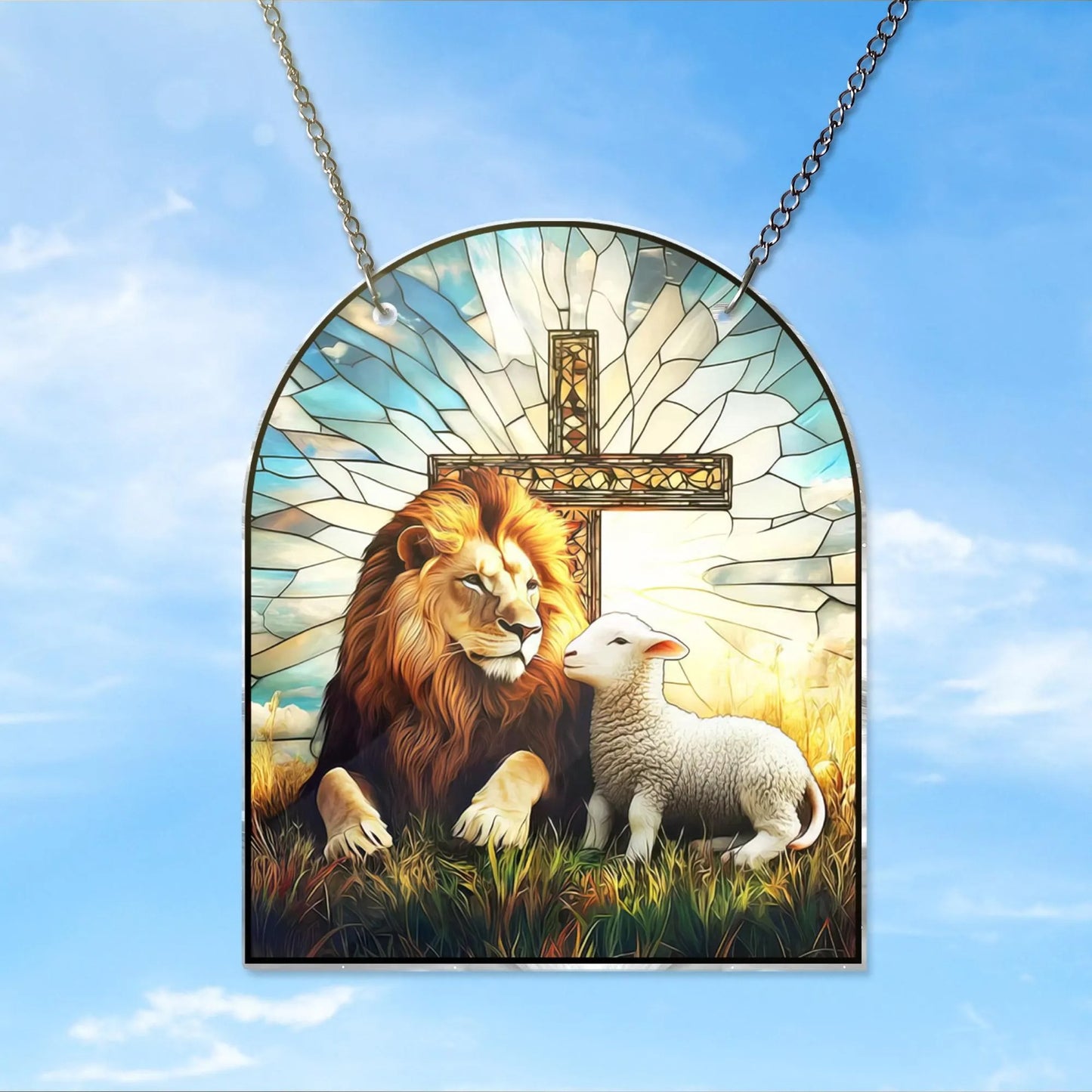 Lion and Lamp Jesus Acrylic Window Hanging, Christian Acrylic Window