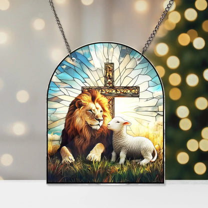 Lion and Lamp Jesus Acrylic Window Hanging, Christian Acrylic Window