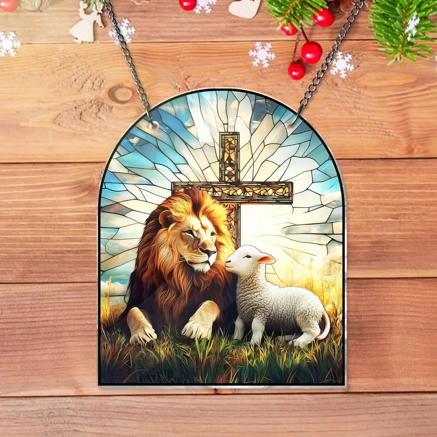 Lion and Lamp Jesus Acrylic Window Hanging, Christian Acrylic Window
