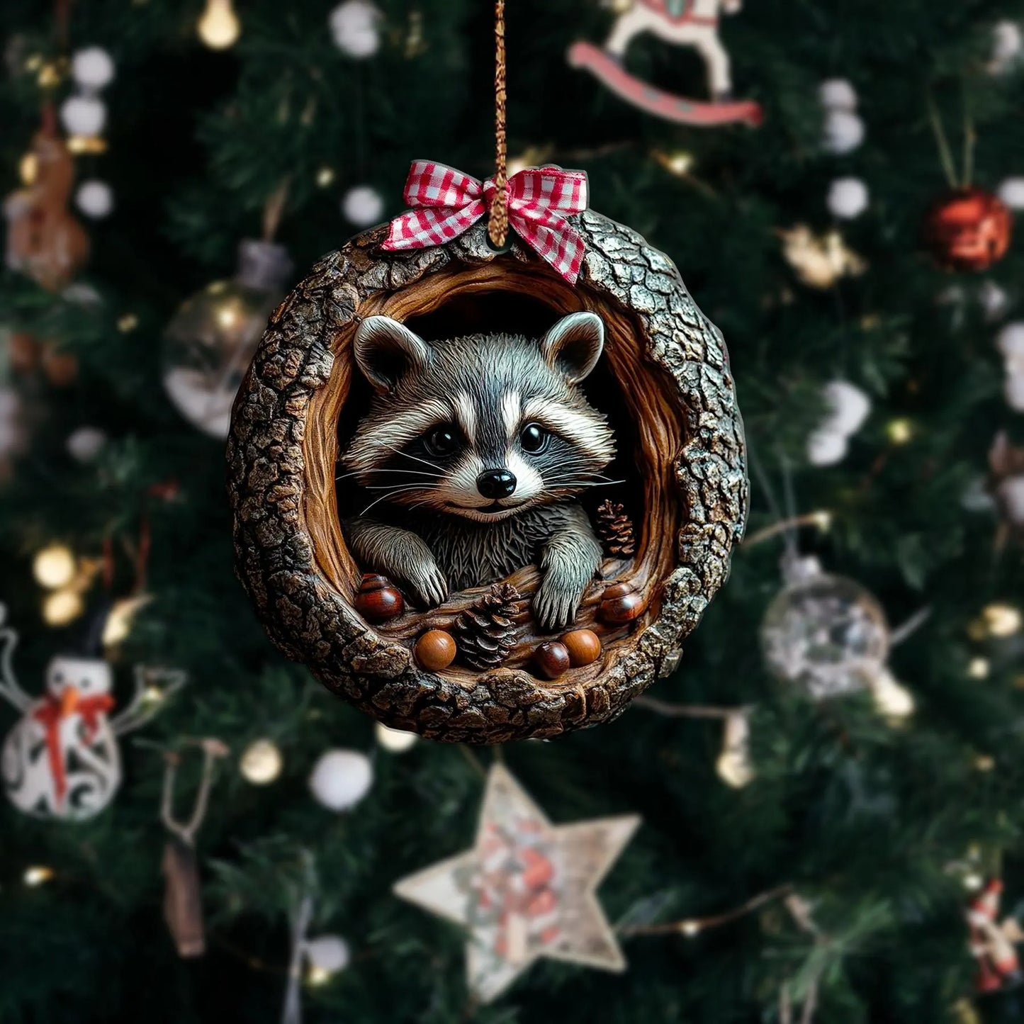 Cute Raccoon Christmas Wood Ornament